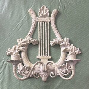 Vintage Cast Iron Lyre Wall Sconce Candle Holder Distressed French Style